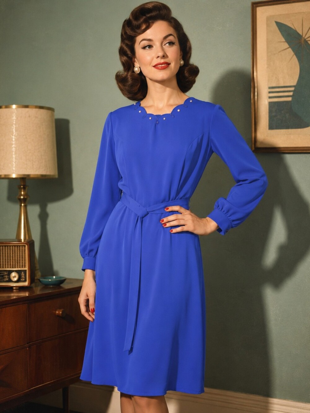 Vintage Elegance 1970s Royal Blue Long Sleeve Belted Dress
